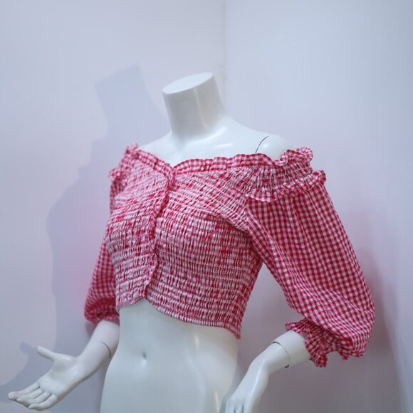Zara Red & White Stretchy Gingham Top Size L NWT - Picture 7 of 7
